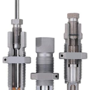 Three gray metal reloading dies for ammunition.