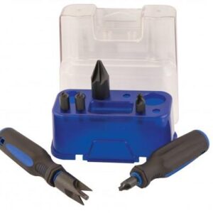 Multi-head screwdriver kit with blue handle.