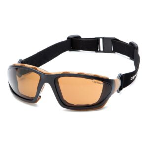 Protective eyewear with adjustable strap and tinted lenses.