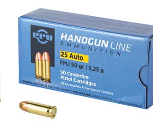 Handgun ammunition, box and bullets, 25 Auto.