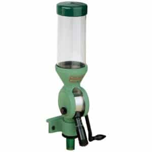 Green powder measure dispenser for reloading ammunition.
