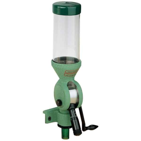 Green powder measure dispenser for reloading ammunition.