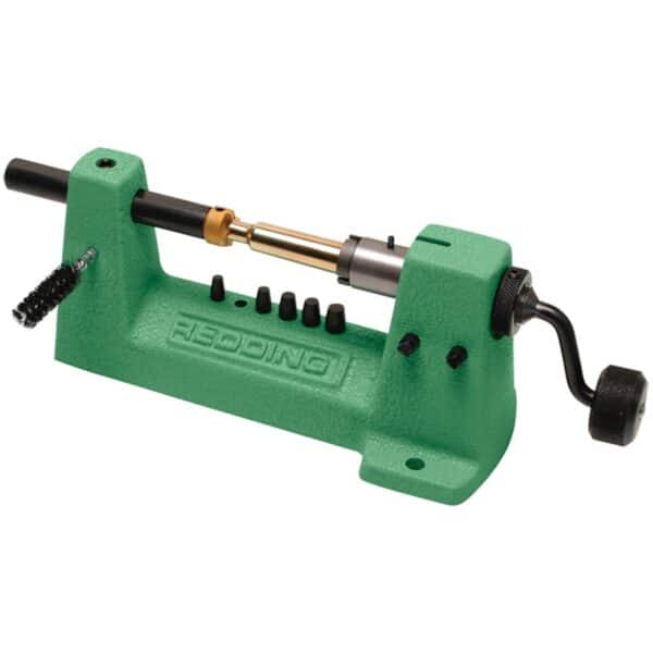 Green reloading case trimmer with hand crank.