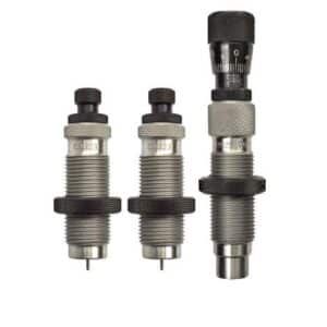 Three metallic reloading dies for ammunition sizing.