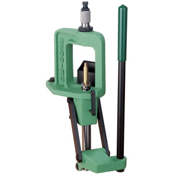 Green reloading press with a brass cartridge case.