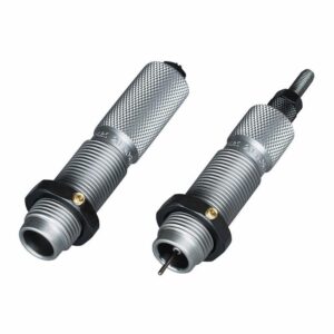 Two reloading press dies on white background.