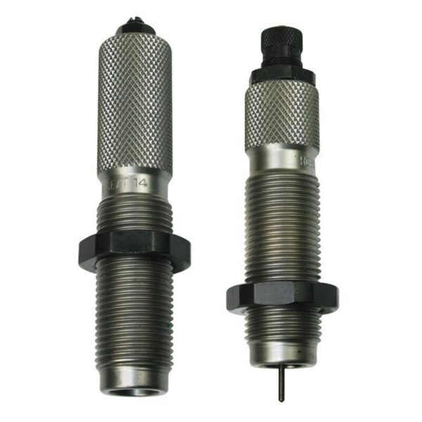 Close-up of two metal reloading dies