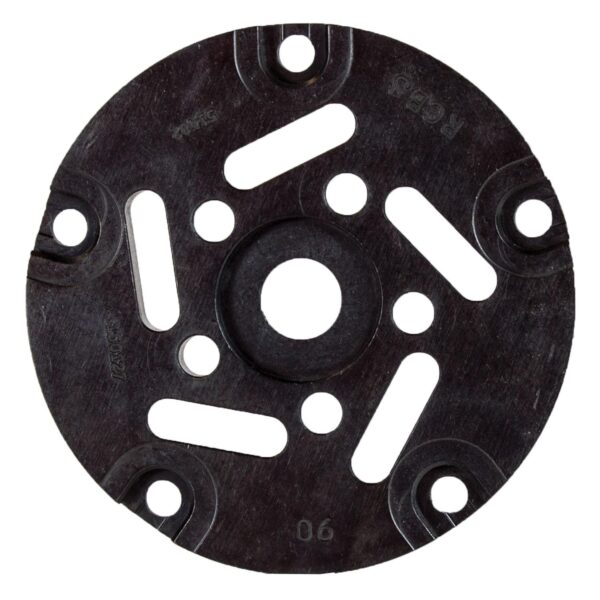 Black disc-shaped mechanical component with holes.