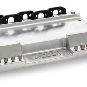 RCBS metal tray with pins and holders.