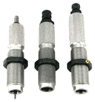 Three metal reloading press dies isolated on white.