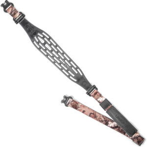 Camo rifle sling with adjustable straps and padding.