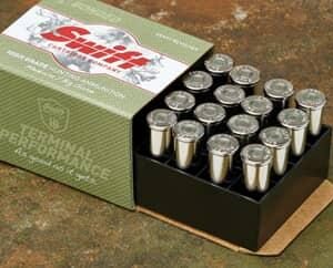 Box of Swift bullet ammunition on ground