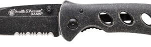 Black folding pocket knife with serrated edge