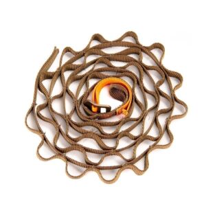 Brown netting with orange strap coiled on white background.