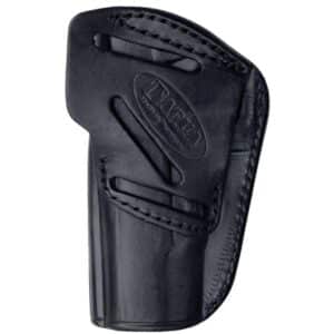 Black leather gun holster with stitching detail.