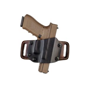 Brown handgun in black leather holster