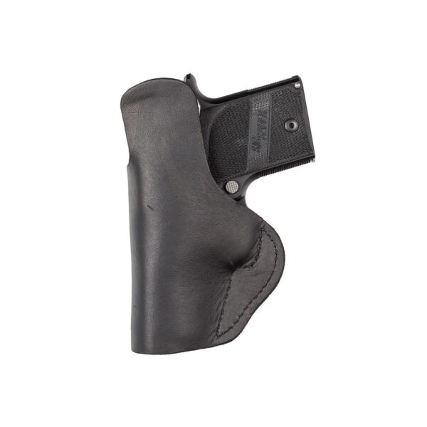 Black leather handgun holster and pistol