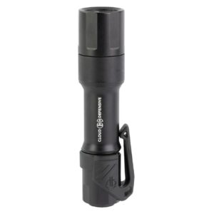 Black tactical flashlight with clip attachment