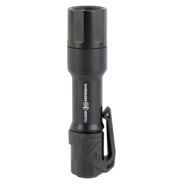 Black tactical flashlight with clip attachment