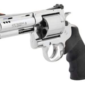 Chrome revolver with black grip handle.