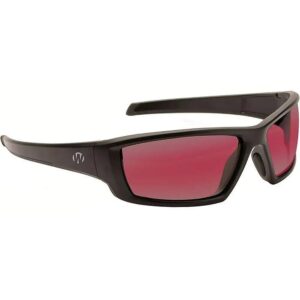 Black sunglasses with pink lenses and logo.