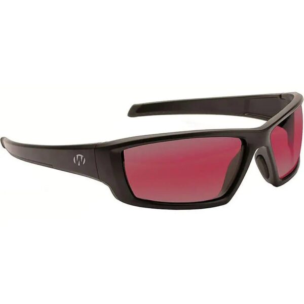 Black sunglasses with pink lenses and logo.