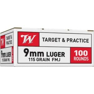 9mm Luger ammo box, 100 rounds, 115 grain.