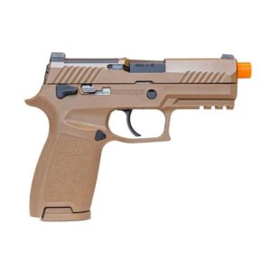 Tan airsoft handgun with orange tip.