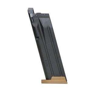Black high-capacity firearm magazine with brown baseplate.