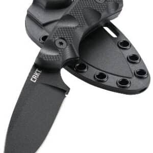 Black tactical knife with sheath, high-quality grip.