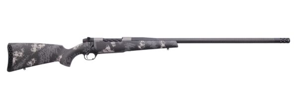 Camouflage-patterned hunting rifle with long barrel.