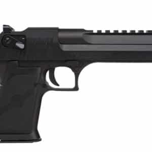 Black handgun side view, isolated on white background.