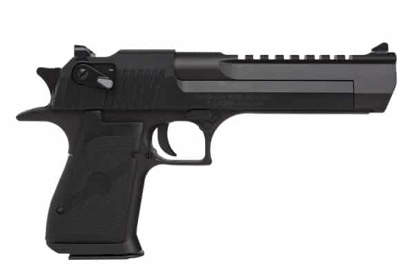 Black handgun side view, isolated on white background.