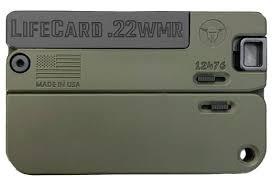 Lifecard .22 WMR folding firearm, olive green color.
