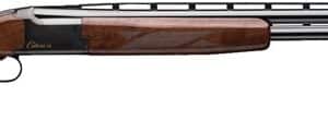 Double-barrel shotgun with wooden stock and metal barrel.