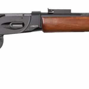 Lever-action rifle with wooden stock and black barrel.