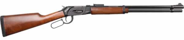 Lever-action rifle with wooden stock and black barrel.