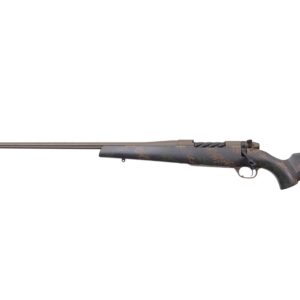 Camouflaged hunting rifle on white background.