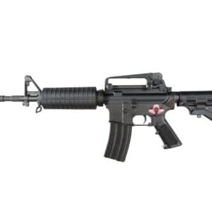 Black assault rifle, side view, white background.