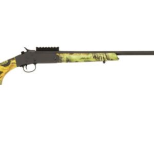 Green camo hunting rifle, side view.