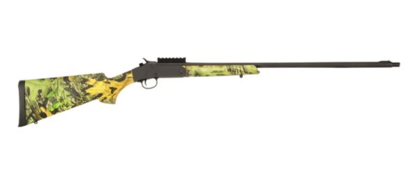 Green camo hunting rifle, side view.