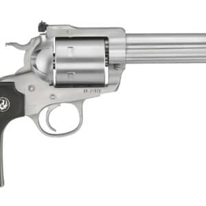 Silver revolver with wood grip on white background.