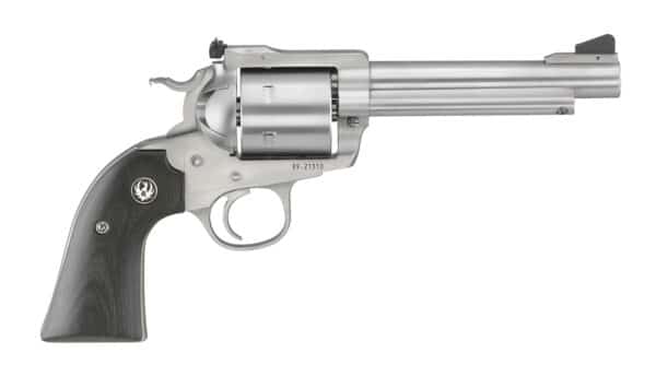 Silver revolver with wood grip on white background.