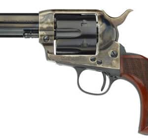 Classic revolver with wooden handle, side view.