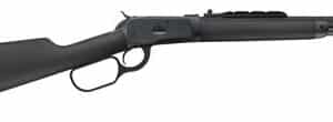 Lever-action rifle with black synthetic stock.