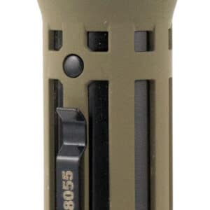 Olive green tactical flashlight with clip attachment.
