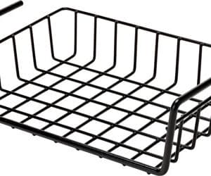 Black wire basket with handles for storage.