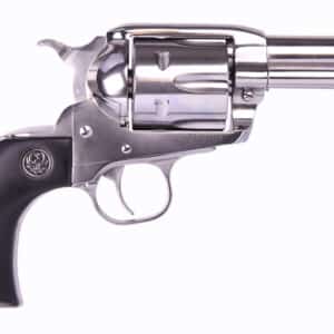 Silver revolver with black handle.