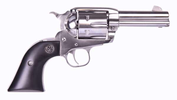 Silver revolver with black handle.