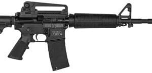 Black tactical assault rifle, side view.